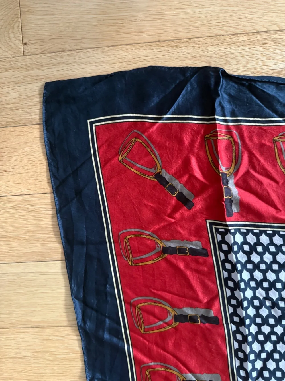 Echo Equestrian Stirrup Print Silk Scarf Red Navy 33x33 Vintage